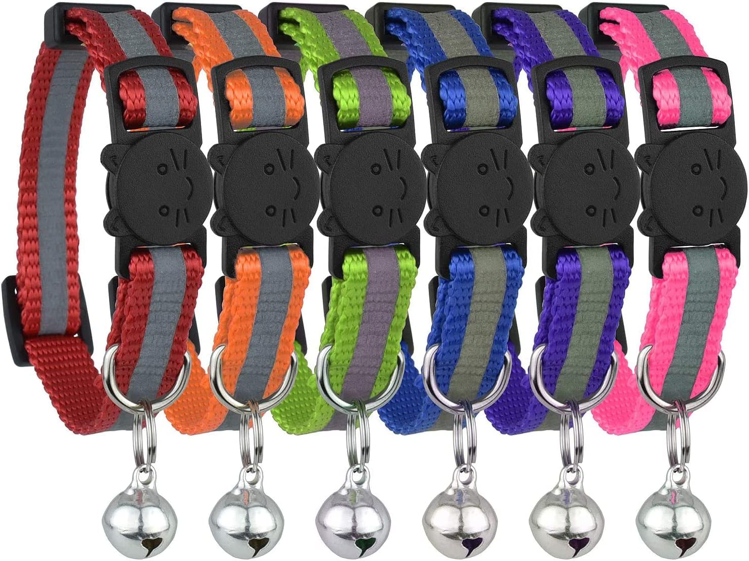 Bemix Reflective Cat Collar with Bell, Set of 6, Solid & Safe Collars for Cats, Nylon, Mixed Colors, Pet Collar, Breakaway Cat Collar, Free Replacement