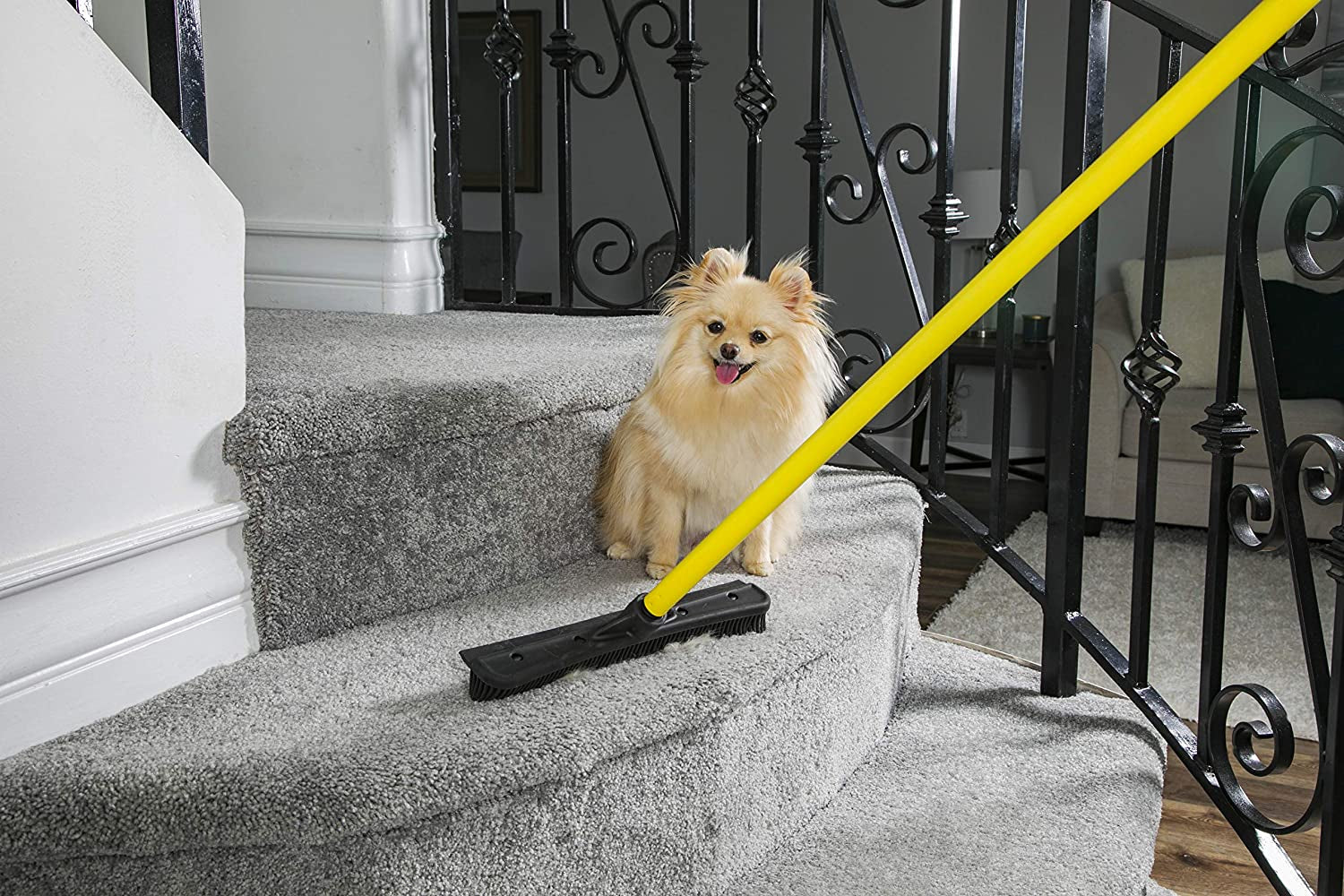 Furemover Pet Hair Remover Carpet Rake - Rubber Broom for Pet Hair Removal Tool with Squeegee & Telescoping Handle Extends from 3-5' Black & Yellow